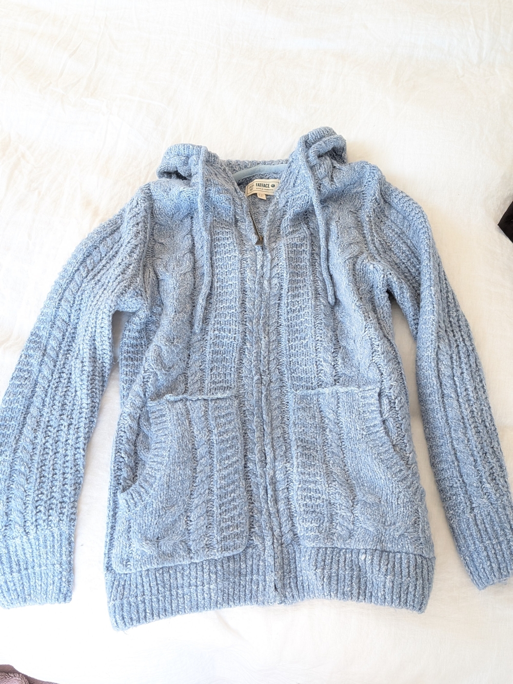FatFace Alicia Pale Blue Cable Knit Hooded Sweater
